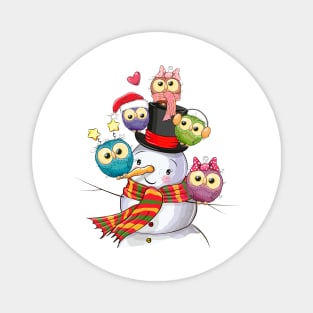 Cute snowman with little colorful owls sitting on it Magnet